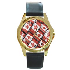 Canadian Flag Motif Pattern Round Gold Metal Watch by dflcprints