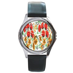 Flower Floral Red Yellow Leaf Green Sexy Summer Round Metal Watch by Mariart