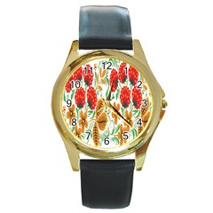 Flower Floral Red Yellow Leaf Green Sexy Summer Round Gold Metal Watch by Mariart