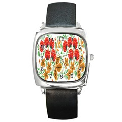 Flower Floral Red Yellow Leaf Green Sexy Summer Square Metal Watch by Mariart