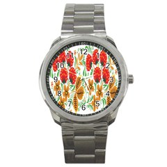 Flower Floral Red Yellow Leaf Green Sexy Summer Sport Metal Watch by Mariart