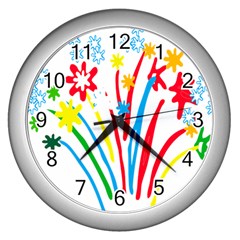 Fireworks Rainbow Flower Wall Clocks (silver)  by Mariart