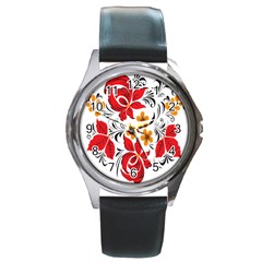 Flower Red Rose Star Floral Yellow Black Leaf Round Metal Watch by Mariart