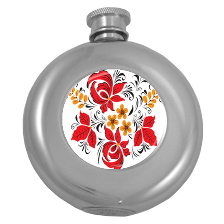 Flower Red Rose Star Floral Yellow Black Leaf Round Hip Flask (5 oz)