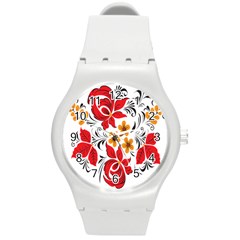 Flower Red Rose Star Floral Yellow Black Leaf Round Plastic Sport Watch (m)