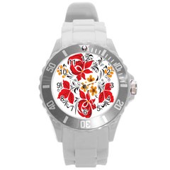 Flower Red Rose Star Floral Yellow Black Leaf Round Plastic Sport Watch (l)