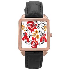 Flower Red Rose Star Floral Yellow Black Leaf Rose Gold Leather Watch 