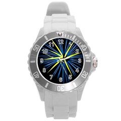 Fireworks Blue Green Black Happy New Year Round Plastic Sport Watch (l) by Mariart