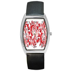 Red Flower Floral Leaf Barrel Style Metal Watch