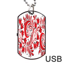 Red Flower Floral Leaf Dog Tag Usb Flash (one Side)