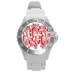 Red Flower Floral Leaf Round Plastic Sport Watch (l)