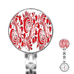 Red Flower Floral Leaf Stainless Steel Nurses Watch