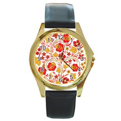 Wreaths Flower Floral Sexy Red Sunflower Star Rose Round Gold Metal Watch