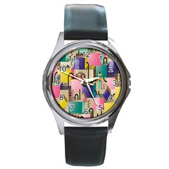 Magazine Balance Plaid Rainbow Round Metal Watch