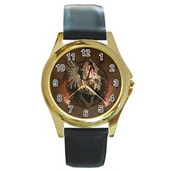 Awesome Creepy Skull With Rat And Wings Round Gold Metal Watch by FantasyWorld7