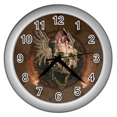 Awesome Creepy Skull With Rat And Wings Wall Clocks (silver)  by FantasyWorld7