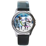 Funny, Cute Snowman And Snow Women In A Winter Landscape Round Metal Watch Front