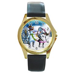 Funny, Cute Snowman And Snow Women In A Winter Landscape Round Gold Metal Watch by FantasyWorld7