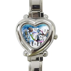 Funny, Cute Snowman And Snow Women In A Winter Landscape Heart Italian Charm Watch by FantasyWorld7