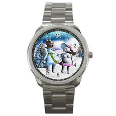 Funny, Cute Snowman And Snow Women In A Winter Landscape Sport Metal Watch by FantasyWorld7