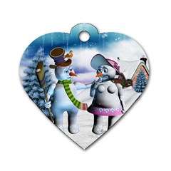 Funny, Cute Snowman And Snow Women In A Winter Landscape Dog Tag Heart (one Side) by FantasyWorld7