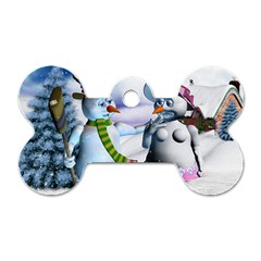 Funny, Cute Snowman And Snow Women In A Winter Landscape Dog Tag Bone (two Sides) by FantasyWorld7