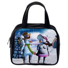 Funny, Cute Snowman And Snow Women In A Winter Landscape Classic Handbags (one Side) by FantasyWorld7