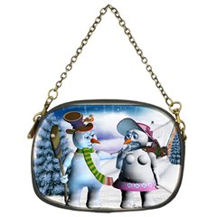 Funny, Cute Snowman And Snow Women In A Winter Landscape Chain Purses (one Side)  by FantasyWorld7