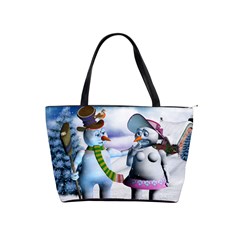 Funny, Cute Snowman And Snow Women In A Winter Landscape Shoulder Handbags