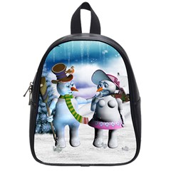 Funny, Cute Snowman And Snow Women In A Winter Landscape School Bag (small) by FantasyWorld7