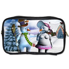 Funny, Cute Snowman And Snow Women In A Winter Landscape Toiletries Bags 2-side by FantasyWorld7