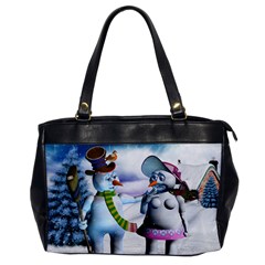 Funny, Cute Snowman And Snow Women In A Winter Landscape Office Handbags by FantasyWorld7