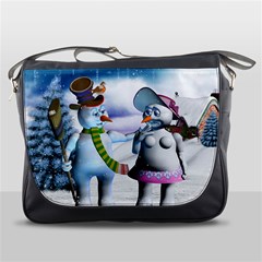 Funny, Cute Snowman And Snow Women In A Winter Landscape Messenger Bags by FantasyWorld7