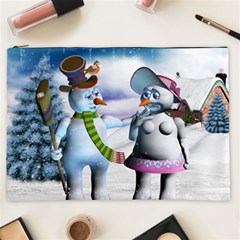 Funny, Cute Snowman And Snow Women In A Winter Landscape Cosmetic Bag (xxl)  by FantasyWorld7