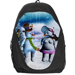 Funny, Cute Snowman And Snow Women In A Winter Landscape Backpack Bag by FantasyWorld7