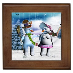 Funny, Cute Snowman And Snow Women In A Winter Landscape Framed Tiles by FantasyWorld7