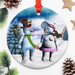 Funny, Cute Snowman And Snow Women In A Winter Landscape Ornament (round) by FantasyWorld7