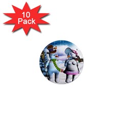 Funny, Cute Snowman And Snow Women In A Winter Landscape 1  Mini Magnet (10 Pack)  by FantasyWorld7