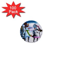 Funny, Cute Snowman And Snow Women In A Winter Landscape 1  Mini Buttons (100 Pack) 