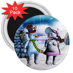 Funny, Cute Snowman And Snow Women In A Winter Landscape 3  Magnets (10 Pack)  by FantasyWorld7