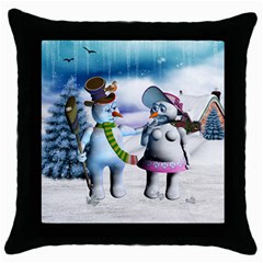 Funny, Cute Snowman And Snow Women In A Winter Landscape Throw Pillow Case (black) by FantasyWorld7