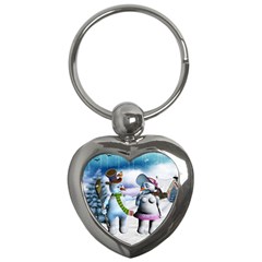 Funny, Cute Snowman And Snow Women In A Winter Landscape Key Chains (heart)  by FantasyWorld7