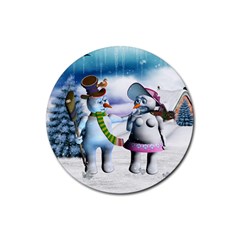 Funny, Cute Snowman And Snow Women In A Winter Landscape Rubber Coaster (round)  by FantasyWorld7