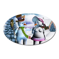 Funny, Cute Snowman And Snow Women In A Winter Landscape Oval Magnet by FantasyWorld7