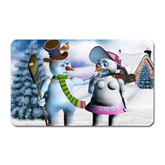 Funny, Cute Snowman And Snow Women In A Winter Landscape Magnet (rectangular) by FantasyWorld7