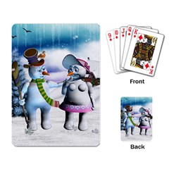 Funny, Cute Snowman And Snow Women In A Winter Landscape Playing Card by FantasyWorld7