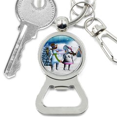 Funny, Cute Snowman And Snow Women In A Winter Landscape Bottle Opener Key Chains by FantasyWorld7