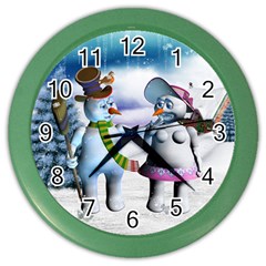 Funny, Cute Snowman And Snow Women In A Winter Landscape Color Wall Clocks by FantasyWorld7