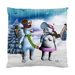 Funny, Cute Snowman And Snow Women In A Winter Landscape Standard Cushion Case (one Side) by FantasyWorld7