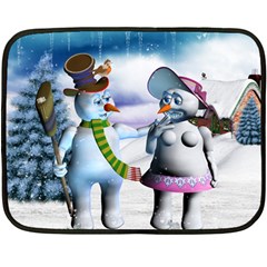 Funny, Cute Snowman And Snow Women In A Winter Landscape Fleece Blanket (mini) by FantasyWorld7